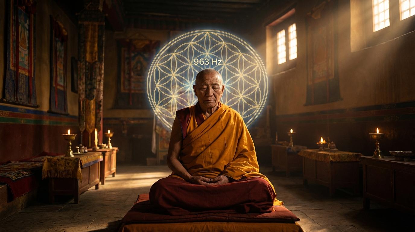 Meditating monk with glowing geometry