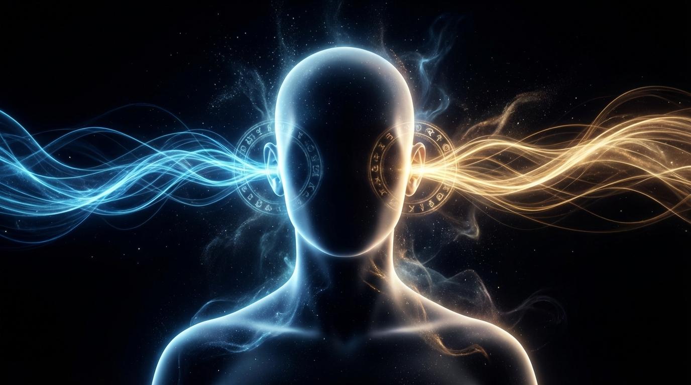 Mystical silhouette with blue and golden ear portals