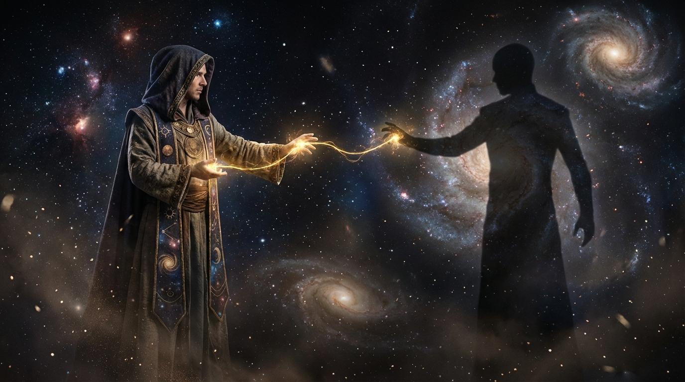 Person and shadow connected by golden thread