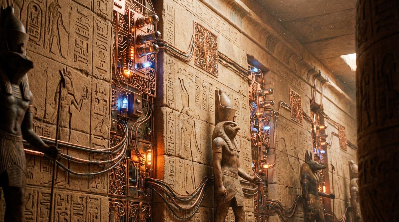 Ancient temple with copper circuitry
