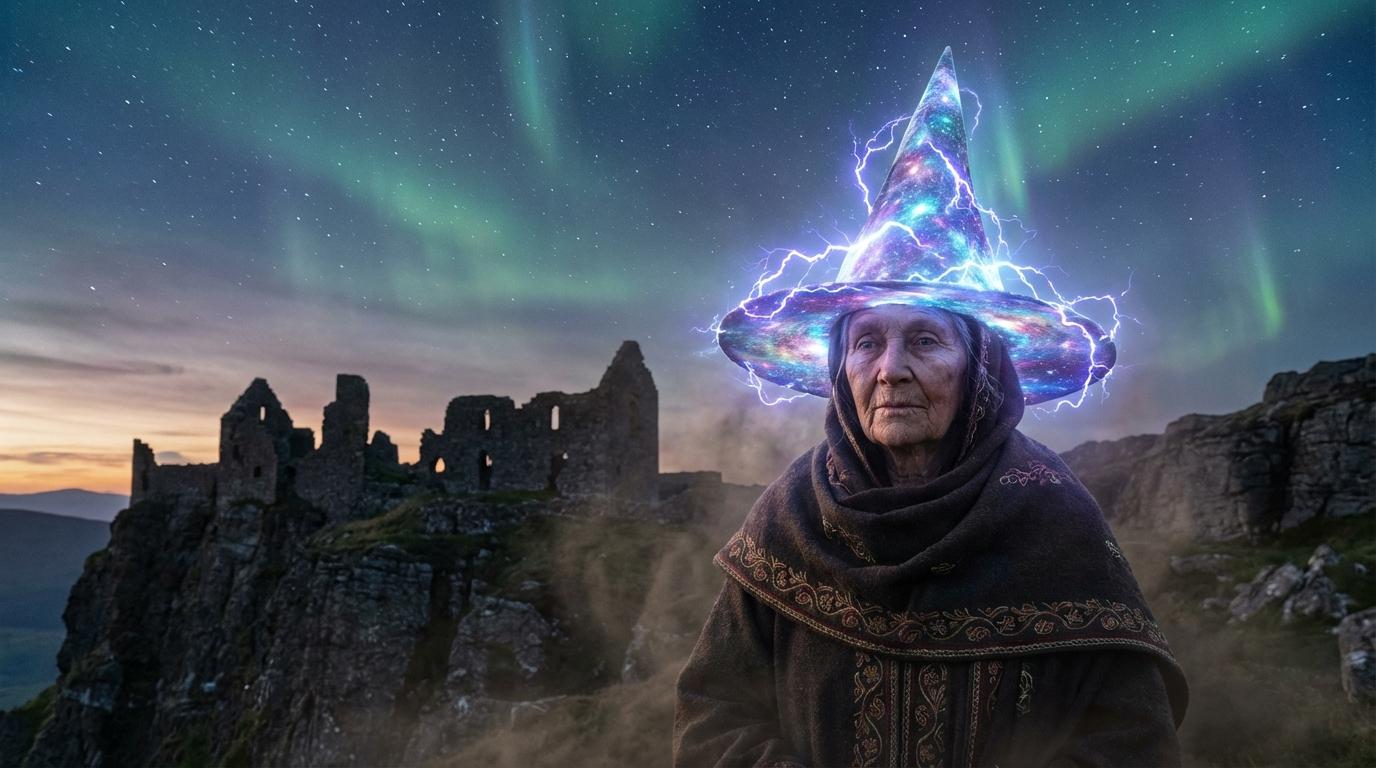 Wise woman with a glowing conical hat